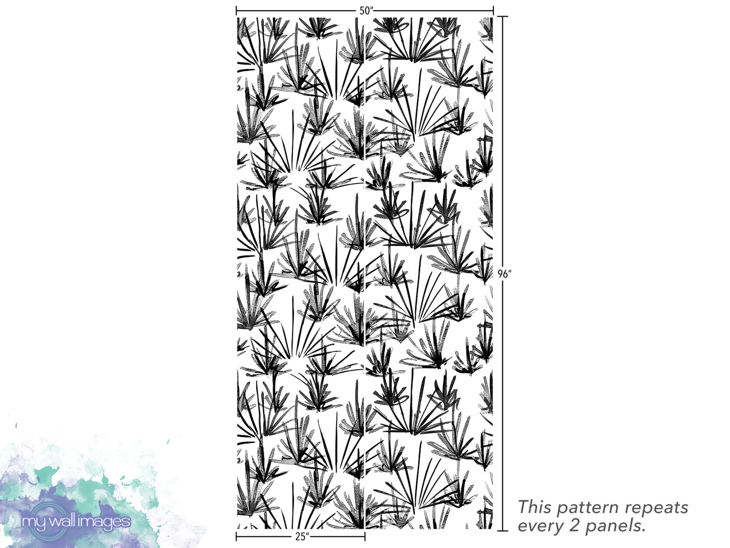 The image is a repeating pattern of black and white palm leaves or similar plant-like shapes, with the pattern repeating every 2 panels.