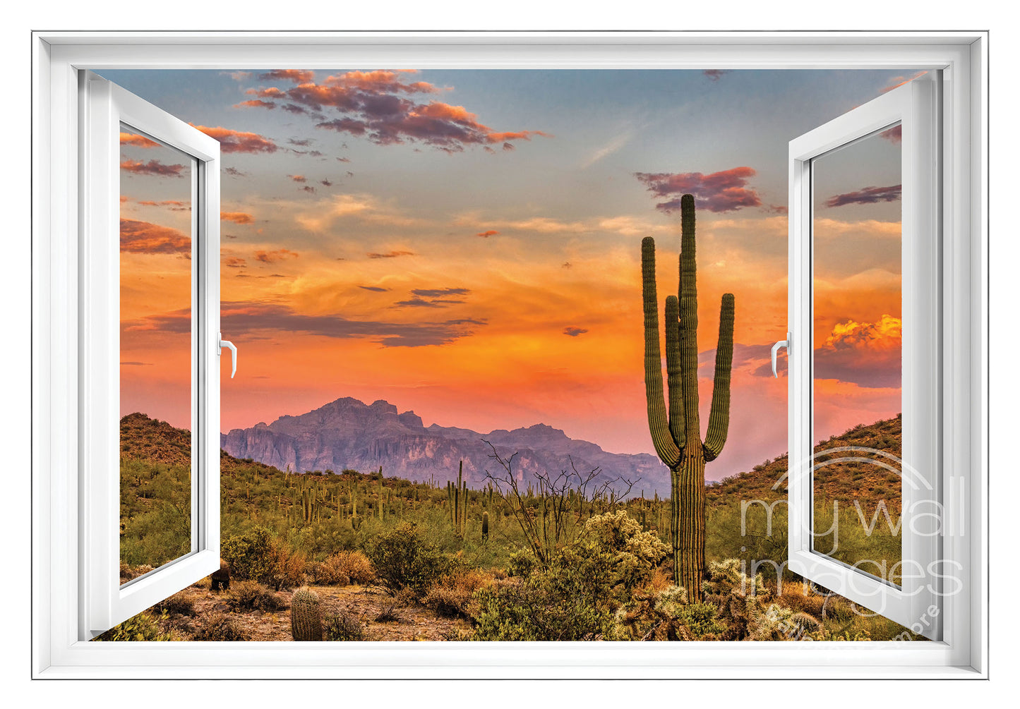 a desert landscape with a cactus in the foreground, a mountain range in the background, and a vibrant sunset sky.