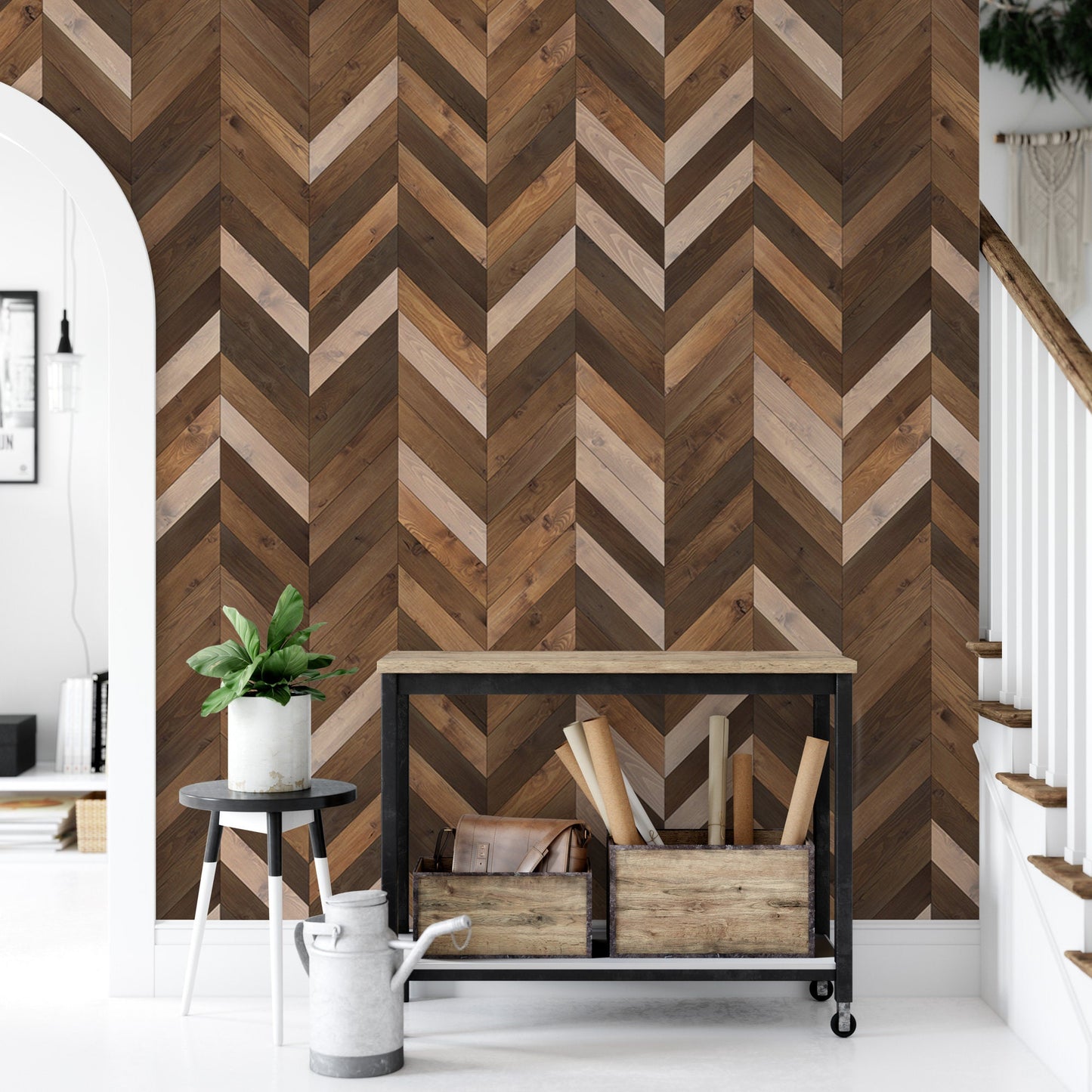 Faux Wood Peel and Stick Wallpaper | Chevron Parquet Texture Mural (MW1622)
