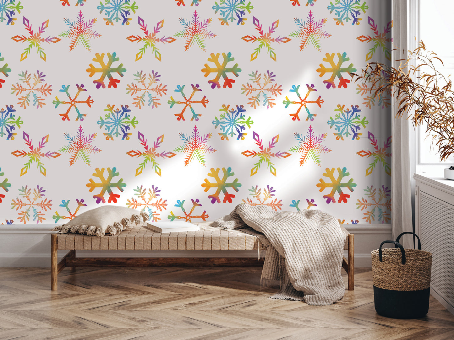 a cozy and inviting living space with a bench, a woven basket, and a potted plant. The walls are adorned with a vibrant pattern of colorful snowflakes, creating a festive and cheerful atmosphere.
