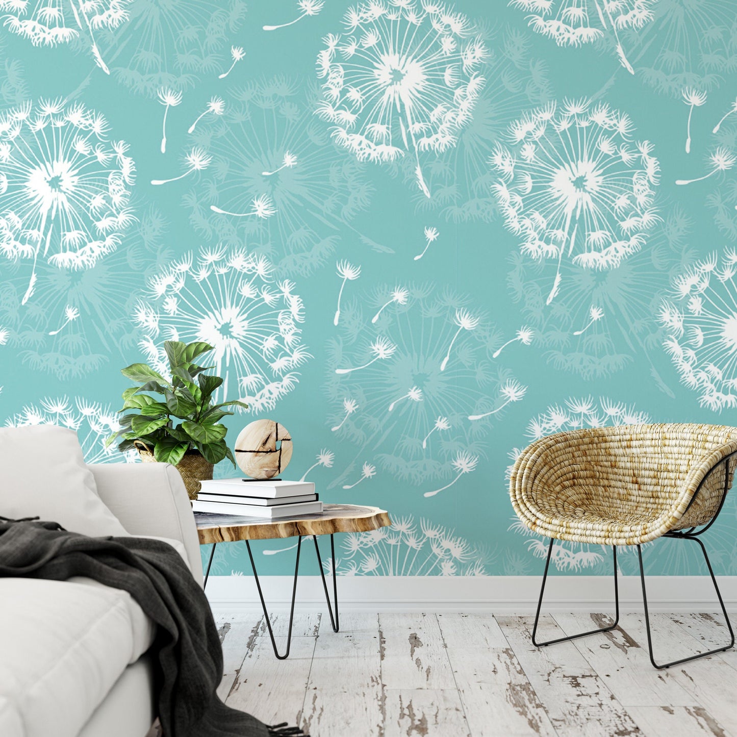 Turquoise Floral Wallpaper | Dainty Dandelions Peel and Stick Mural (MW1693)