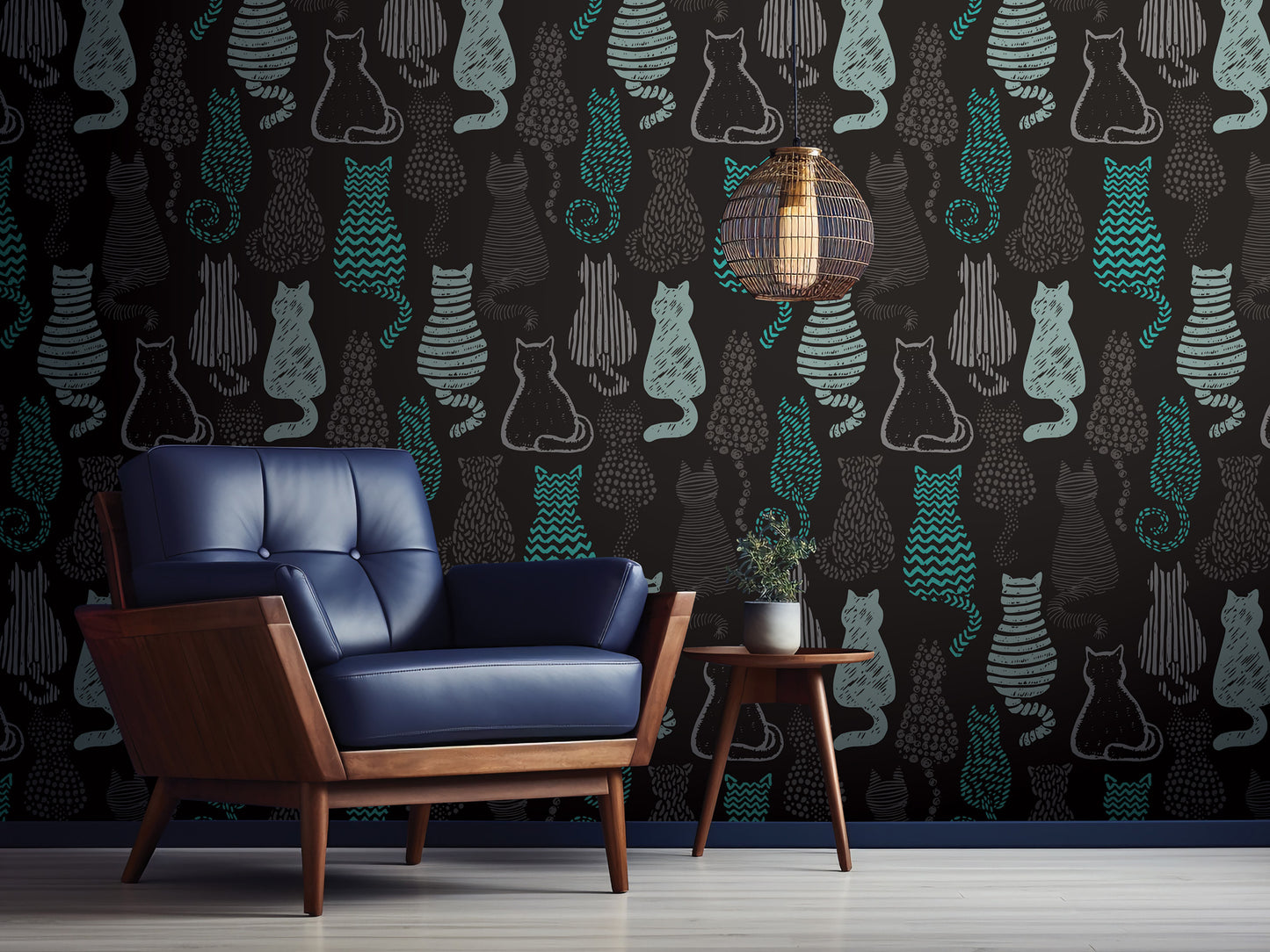 a modern living room with a blue leather armchair, a wooden side table, and a hanging light fixture. The wall behind the furniture has a repeating pattern of cats in shades of black, gray, and blue.