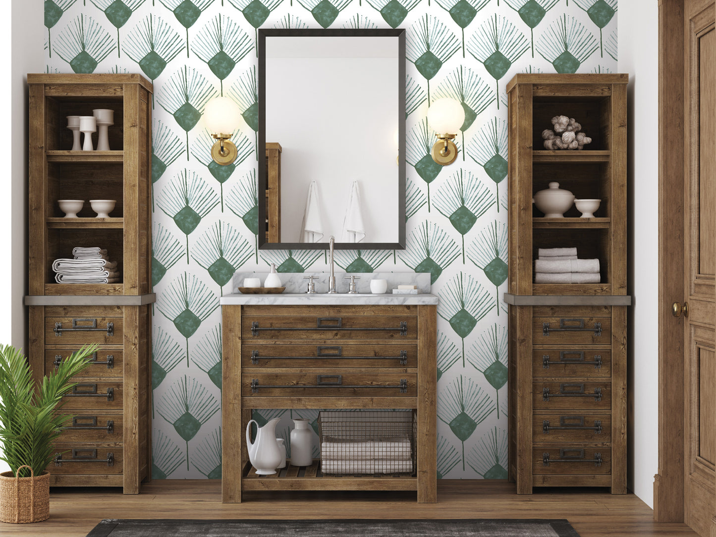a modern bathroom with a wooden vanity, a mirror, and two wooden cabinets. The walls are covered in a green and white patterned wallpaper, and there are two potted plants in the room.