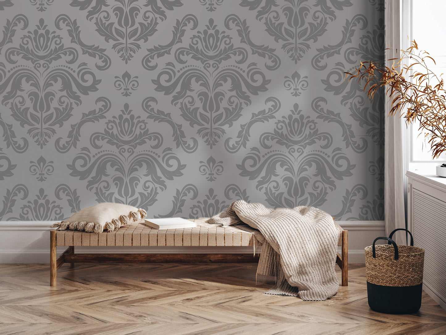 a cozy living room with a wooden bench, a woven basket, and a decorative wall with an ornate pattern.