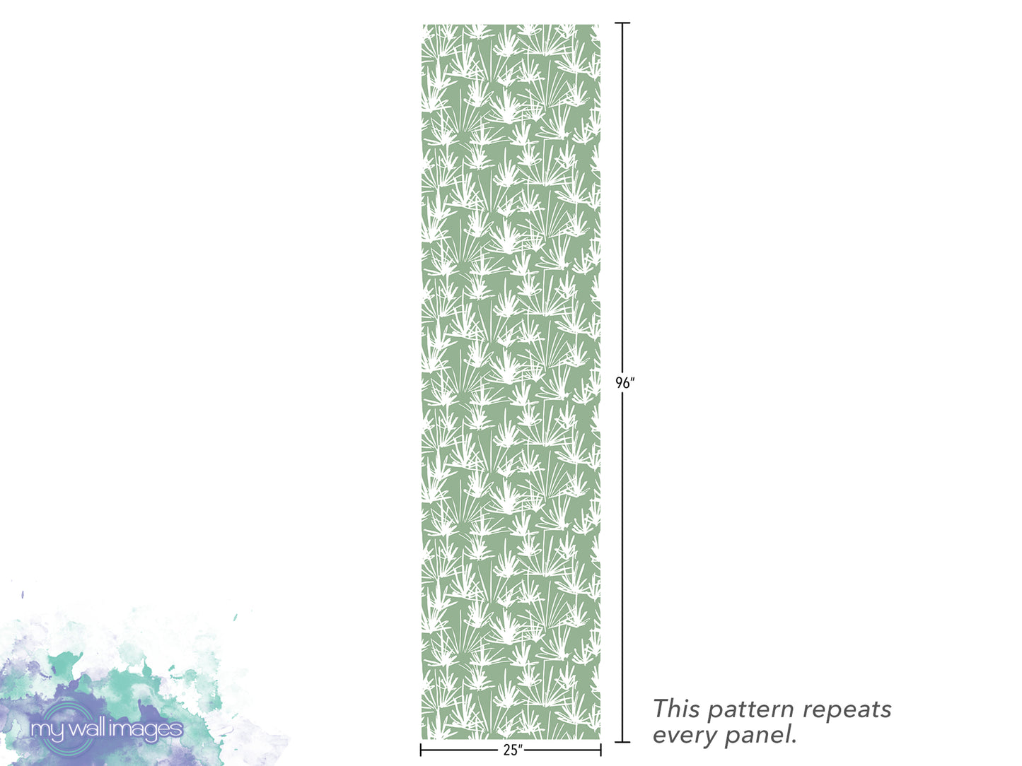 The image is a vertical panel with a repeating pattern of green leaves or plants. The pattern repeats every panel, and the image is described as a "repeats every panel" and "25" inches tall.