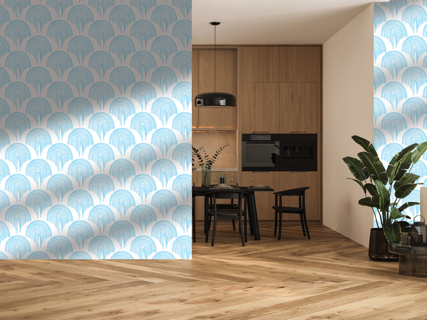 a modern kitchen with a dining area, both adorned with blue and white patterned wallpaper. The kitchen has a wooden floor and includes a table and chairs, while the dining area has a black table and chairs. The room is decorated with potted plants and vases, adding a touch of greenery and elegance to the space.