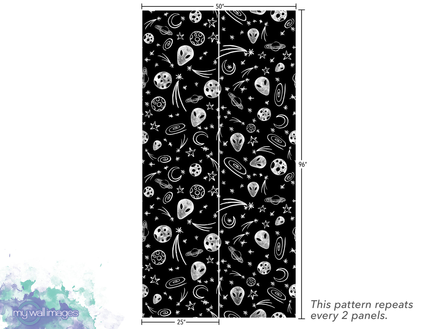 The image is a repeating pattern of various celestial objects, including planets, stars, and comets, against a black background. The pattern repeats every 2 panels.