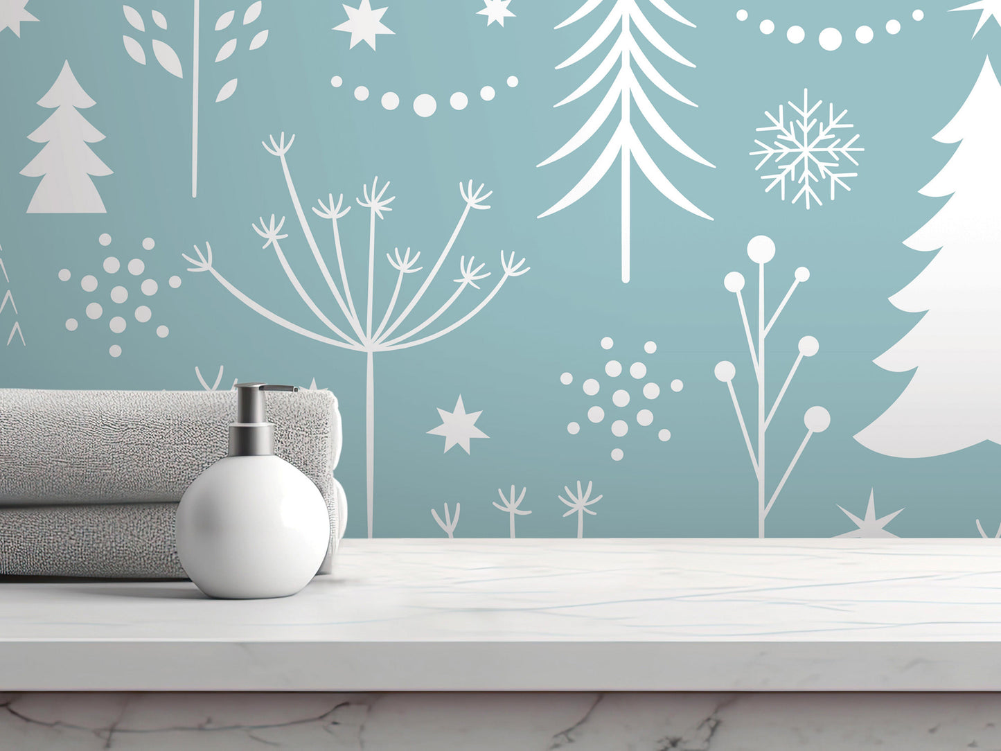 A white pump bottle sits on a white marble countertop, with a towel and a white soap dispenser nearby. The background features a blue wall with white snowflakes and trees, creating a wintery atmosphere.