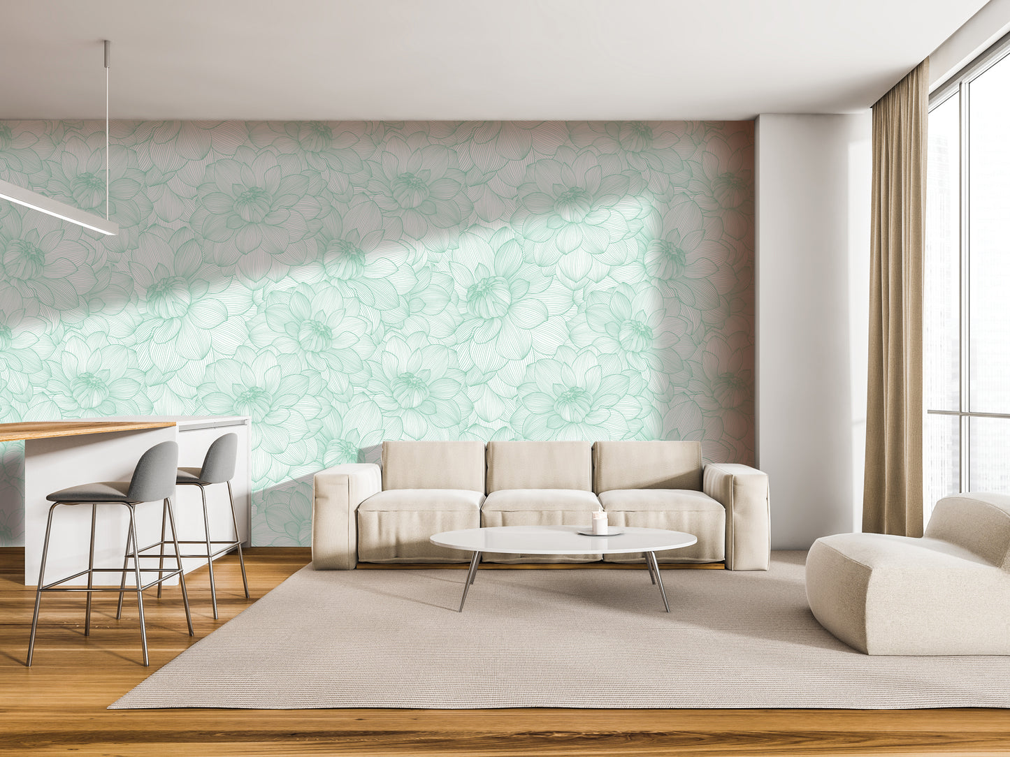 a modern living room with a large floral wallpaper on the wall, a white sofa, a round coffee table, and a barstool.