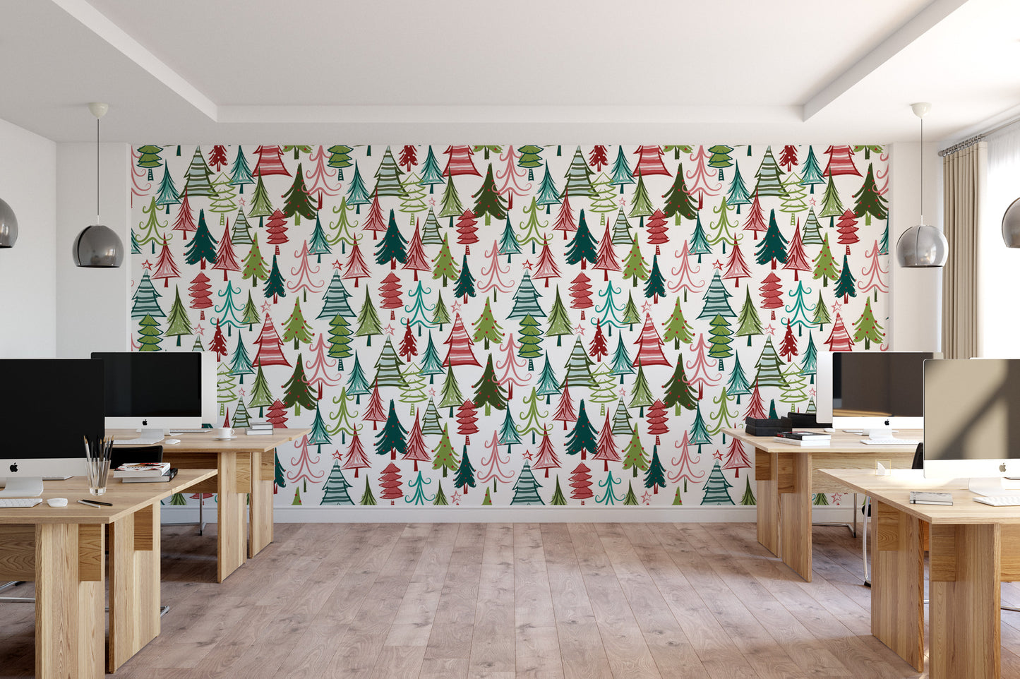 a modern office space with a large wall mural featuring a repeating pattern of Christmas trees in various colors. The office has several desks and chairs, and the overall design has a contemporary and festive feel.