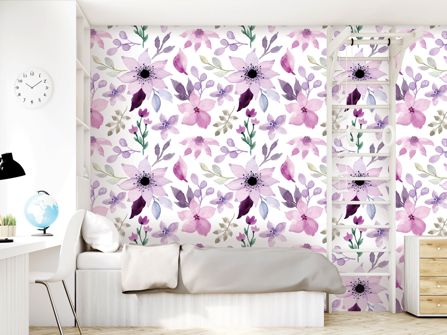a bedroom with a floral wallpaper featuring purple and pink flowers. The room has a bed, a dresser, and a clock on the wall.