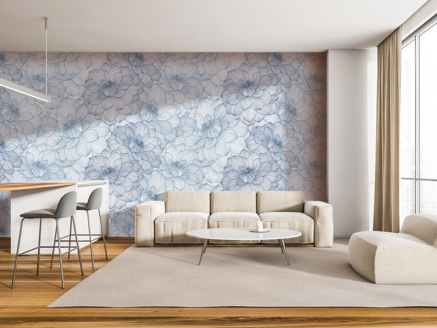 a modern living room with a large floral wallpaper on the wall, a white sofa, a round coffee table, and a barstool.