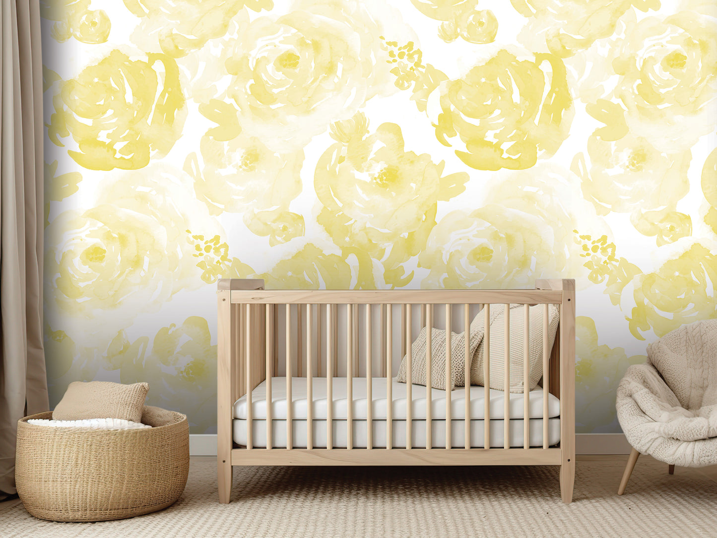 a nursery room with a wooden crib, a woven basket, and a plush chair. The walls are adorned with a yellow floral wallpaper, creating a warm and inviting atmosphere.