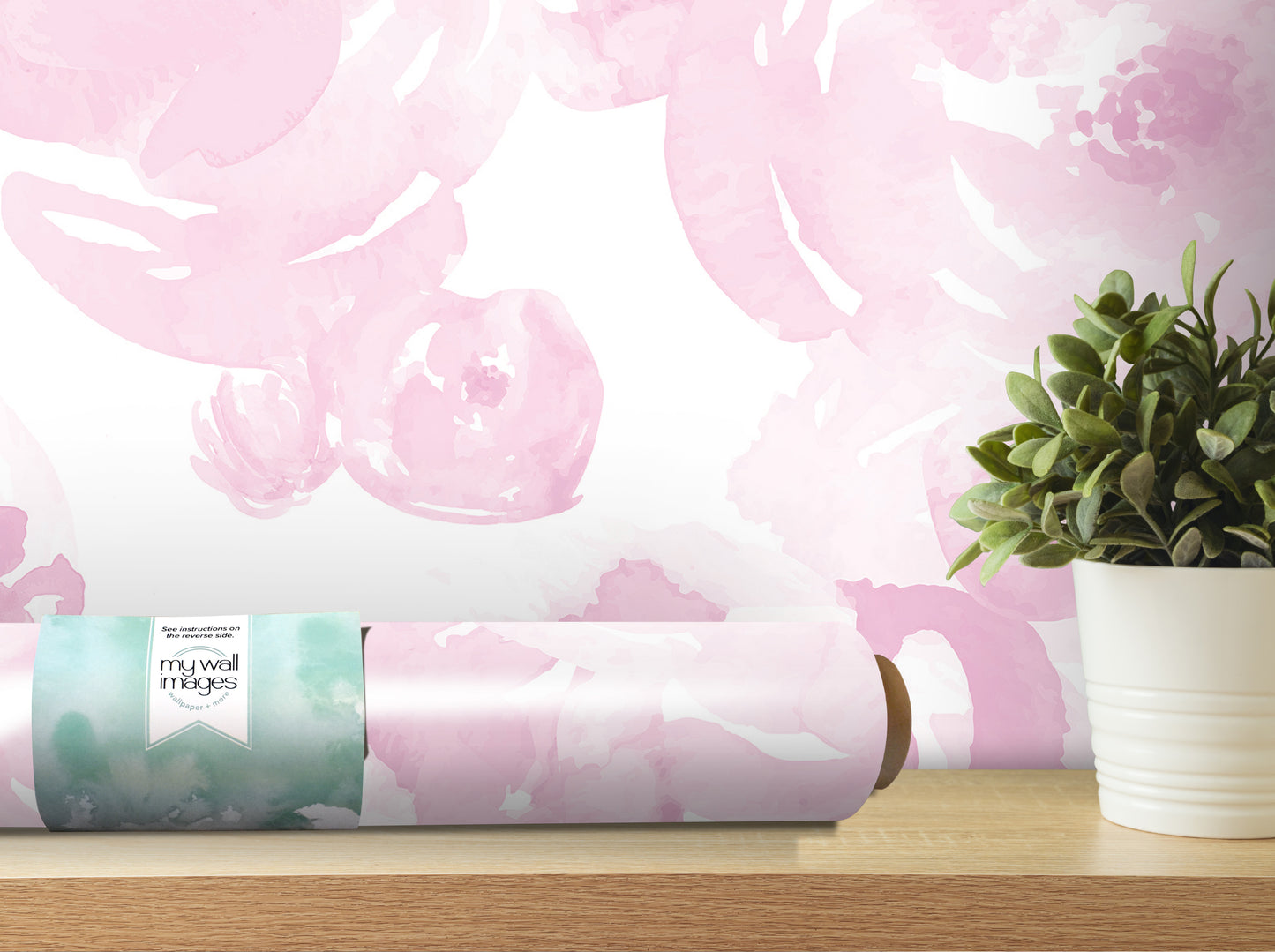 a pink watercolor-style wallpaper with a green plant in a white pot on a wooden shelf.