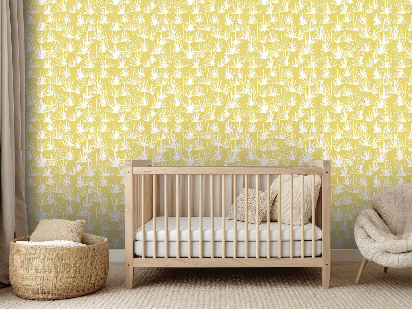 a nursery room with a wooden crib, a woven basket, and a beige chair. The room has a yellow and white patterned wallpaper, creating a warm and inviting atmosphere.