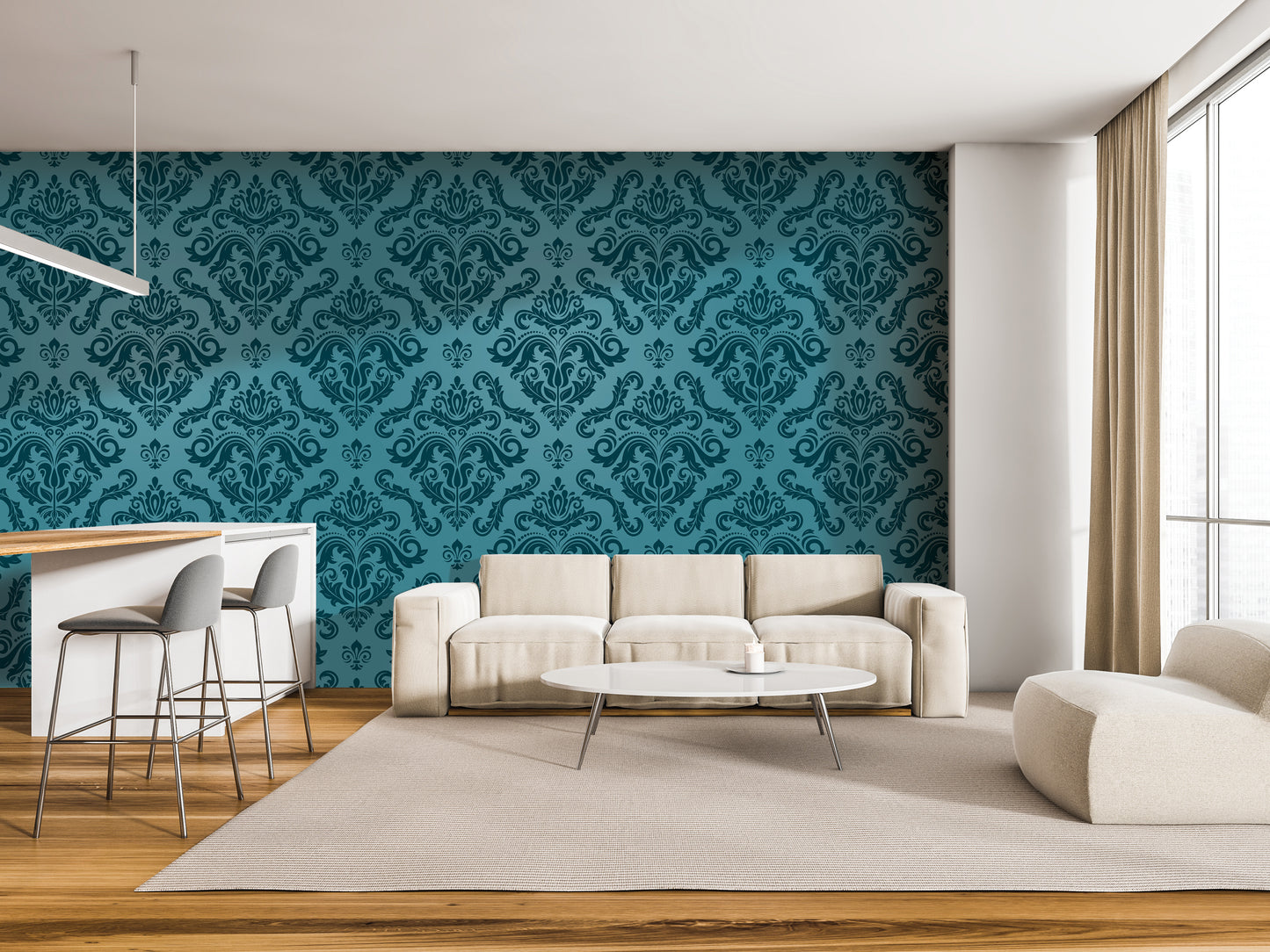 a modern living room with a large, patterned blue wall behind a white sofa and a white coffee table. The room also includes a bar area with stools and a white countertop.