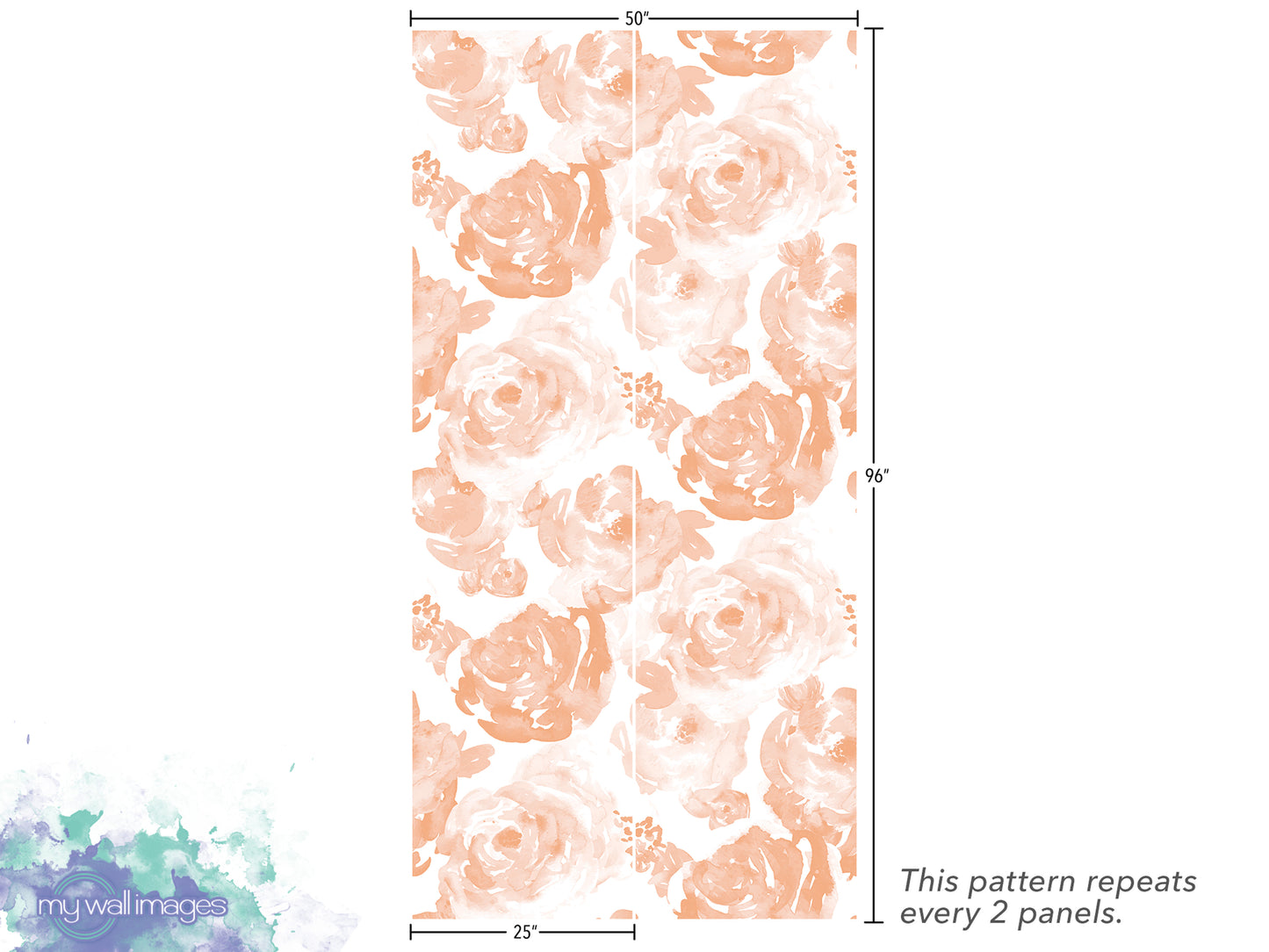 a repeating pattern of peach-colored flowers or roses, with dimensions provided in the image.