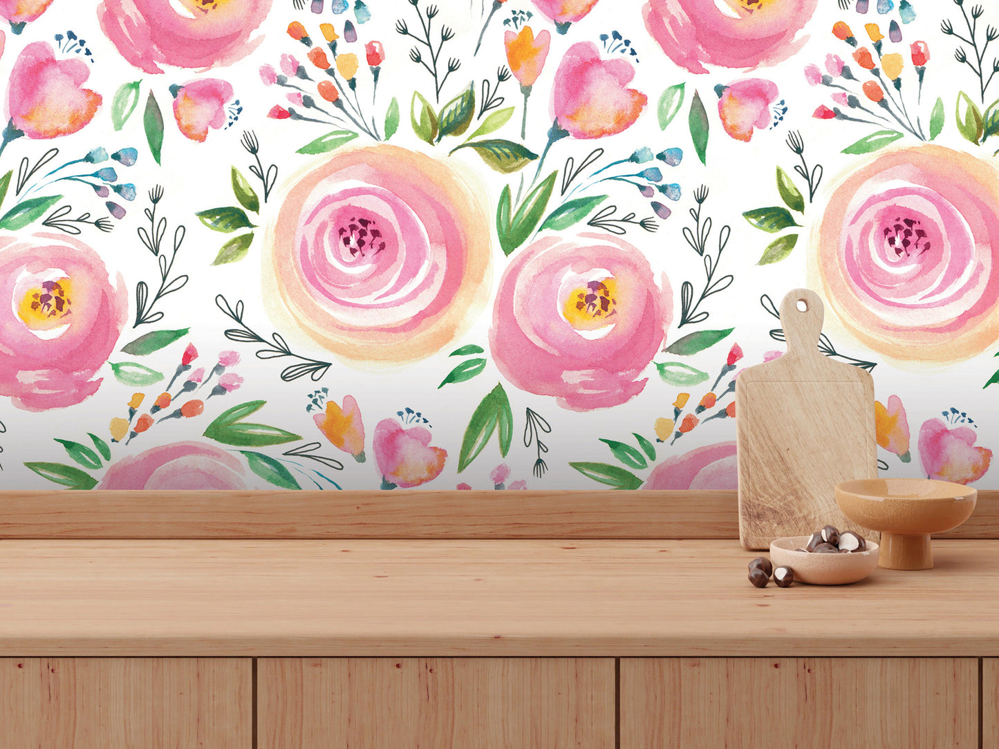 a wooden table with a bowl and a cutting board on it, set against a wall with a floral pattern.