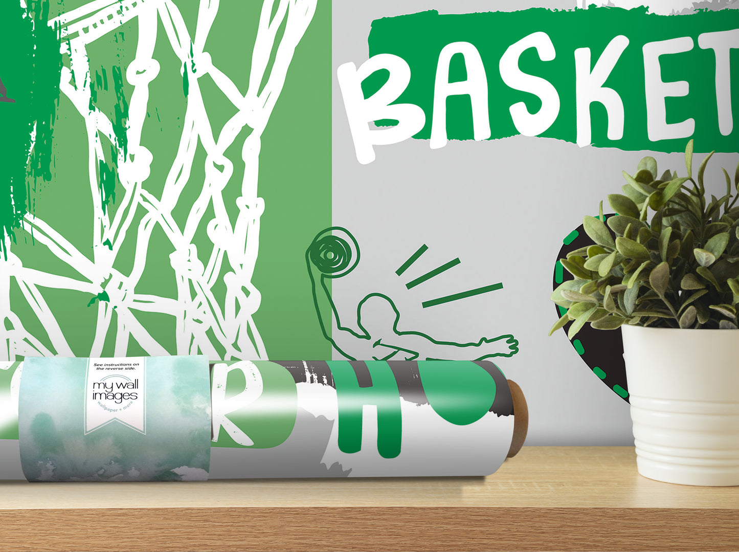 a wall with a basketball-themed design, including a basketball hoop and the word "BASKET" prominently displayed. There is also a potted plant in the foreground, adding a touch of greenery to the scene.