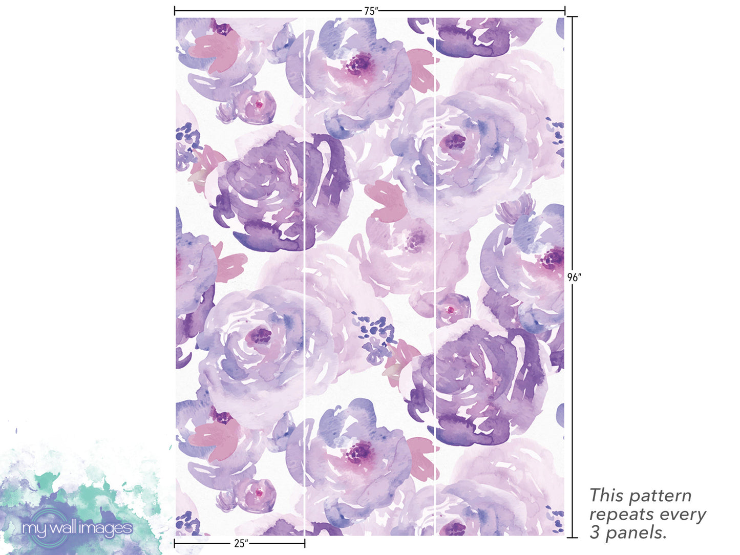 The image is a pattern of purple and pink watercolor flowers, and it repeats every 3 panels.