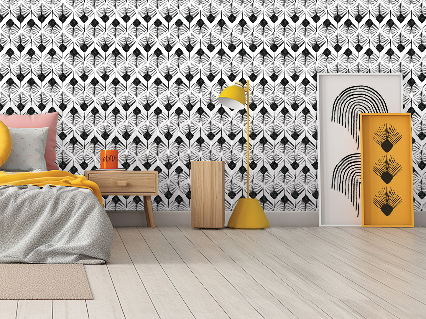 a modern bedroom with a black and white geometric pattern wallpaper, a yellow lamp, a wooden nightstand, and a framed artwork on the wall.