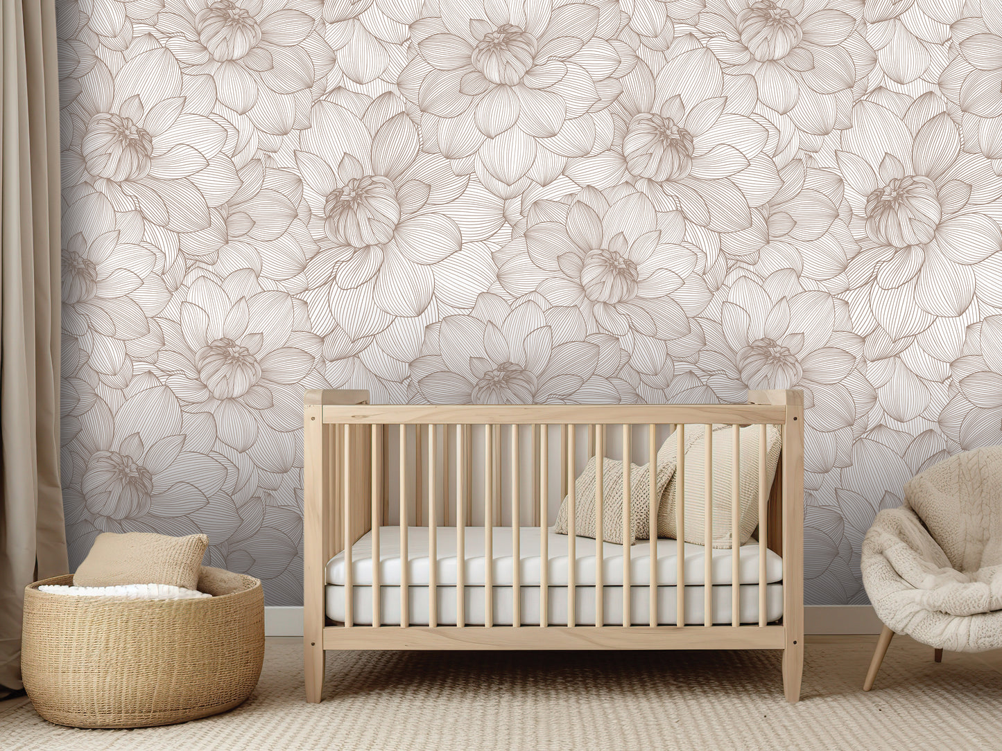 a nursery room with a wooden crib, a woven basket, and a plush chair. The room has a floral wallpaper pattern on the walls.