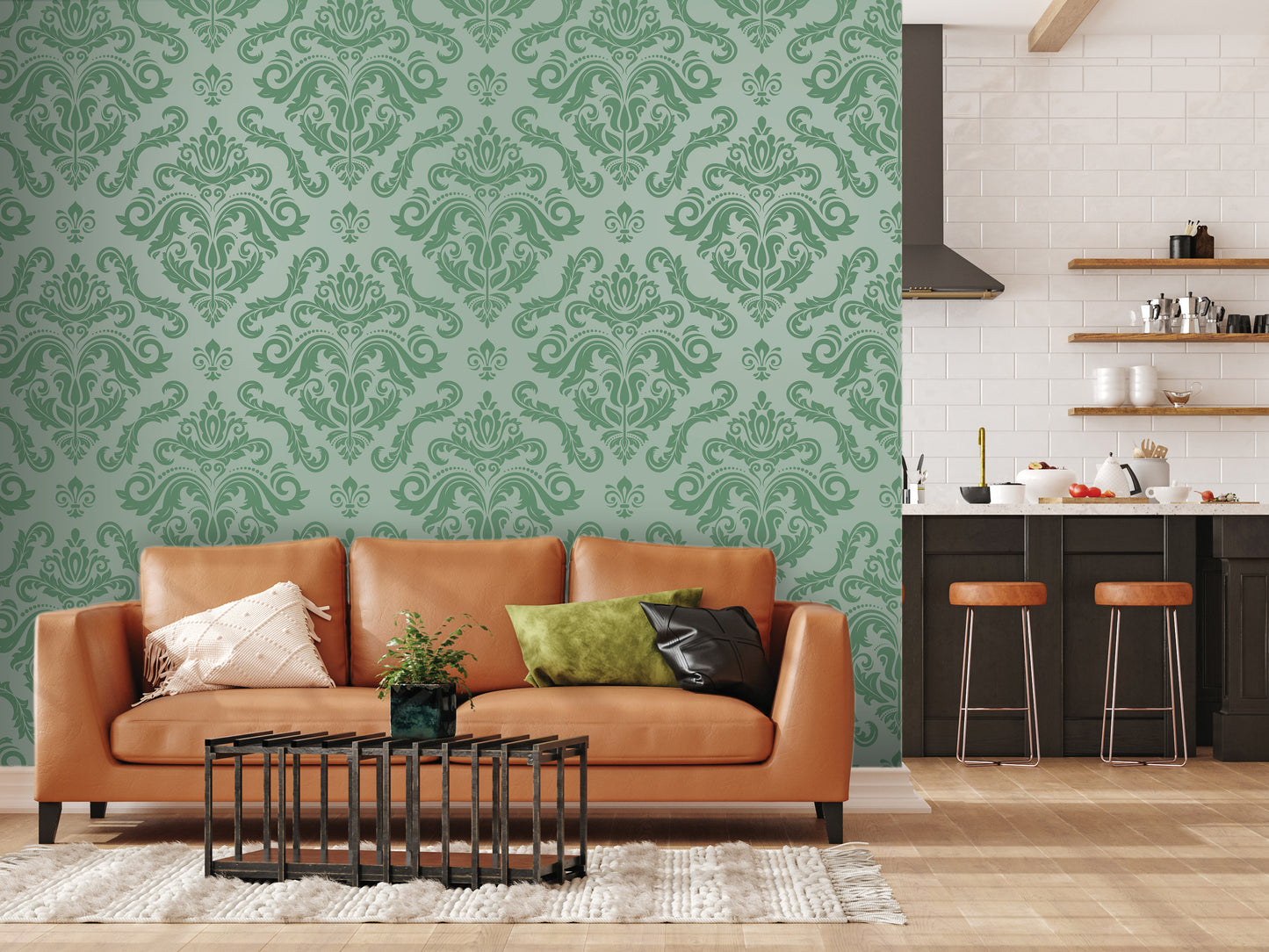 a living room with a brown leather sofa, a black coffee table, and a green and white patterned wallpaper. The room also includes a kitchen area with a countertop, stools, and a sink.