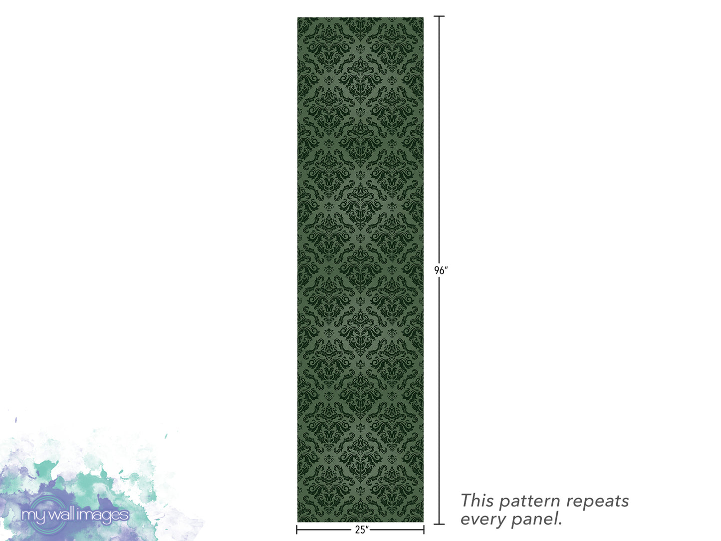a vertical panel with a repeating pattern of green and black designs. The panel is described as having a repeating pattern that repeats every panel.