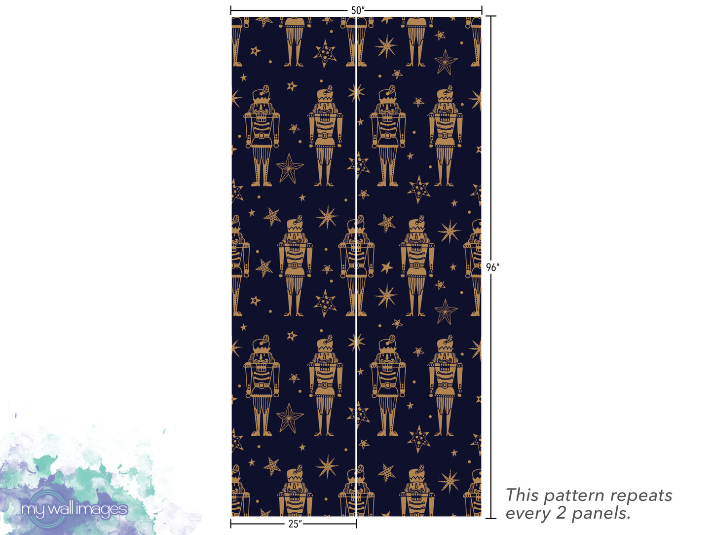 a repeating pattern of nutcracker figures against a dark blue background with stars and dots. The pattern repeats every 2 panels.