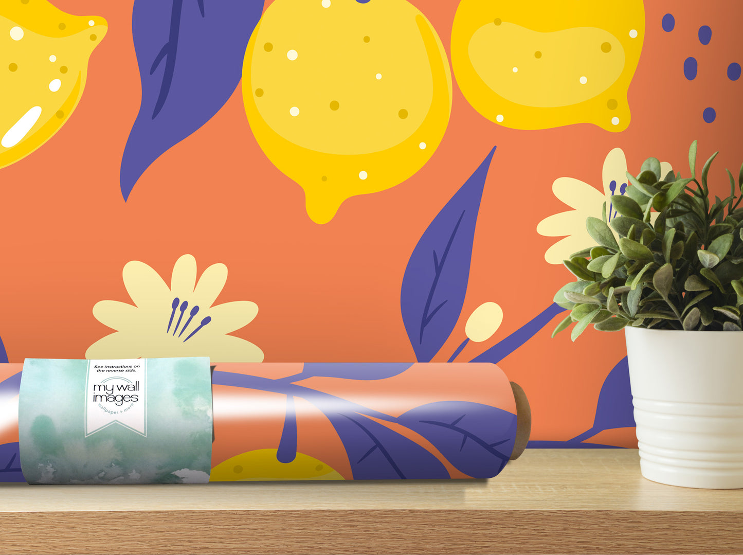 a vibrant wallpapered wall with a potted plant and a roll of wallpaper on a shelf.