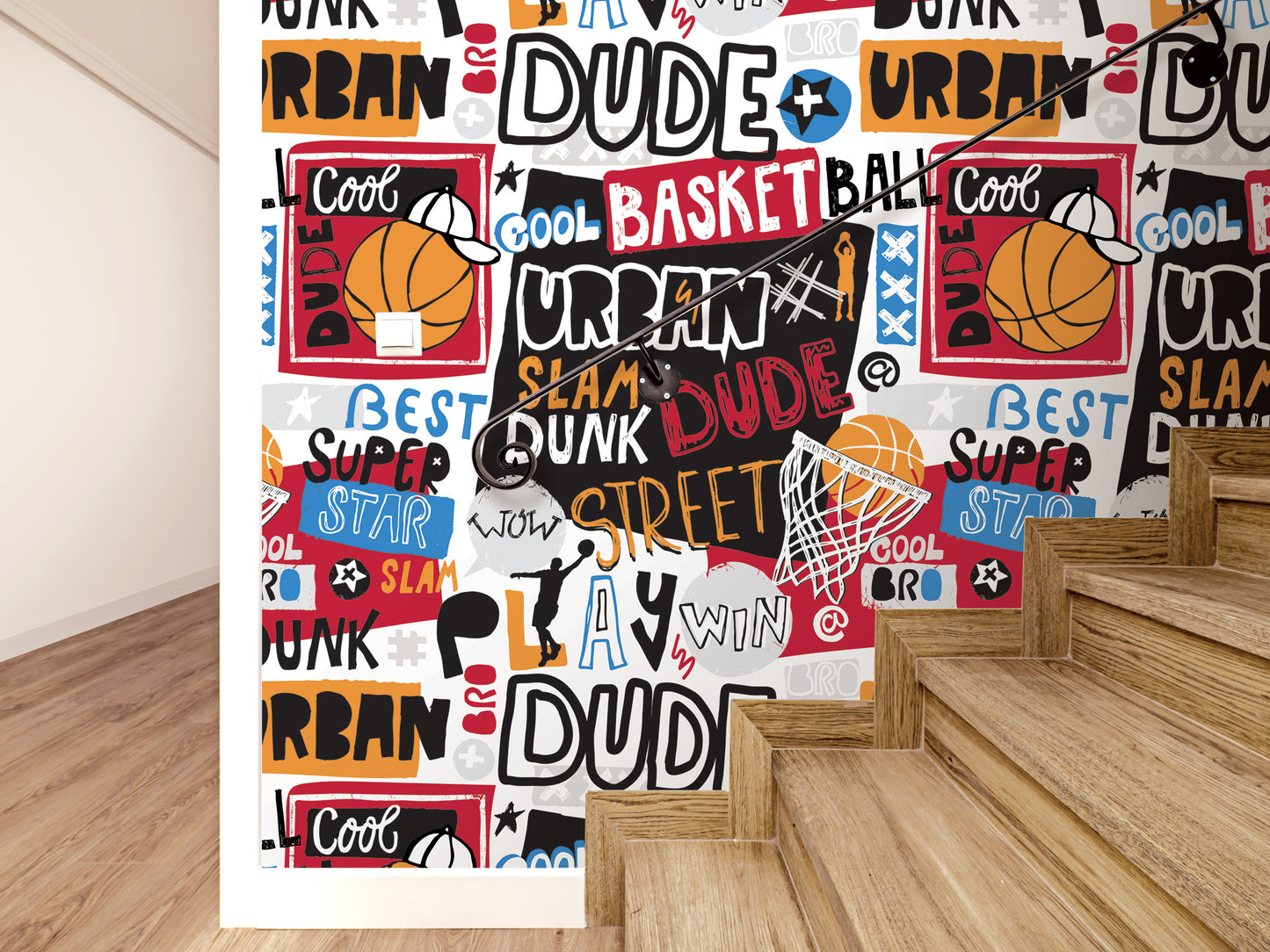 a staircase with a basketball themed wallpaper on it