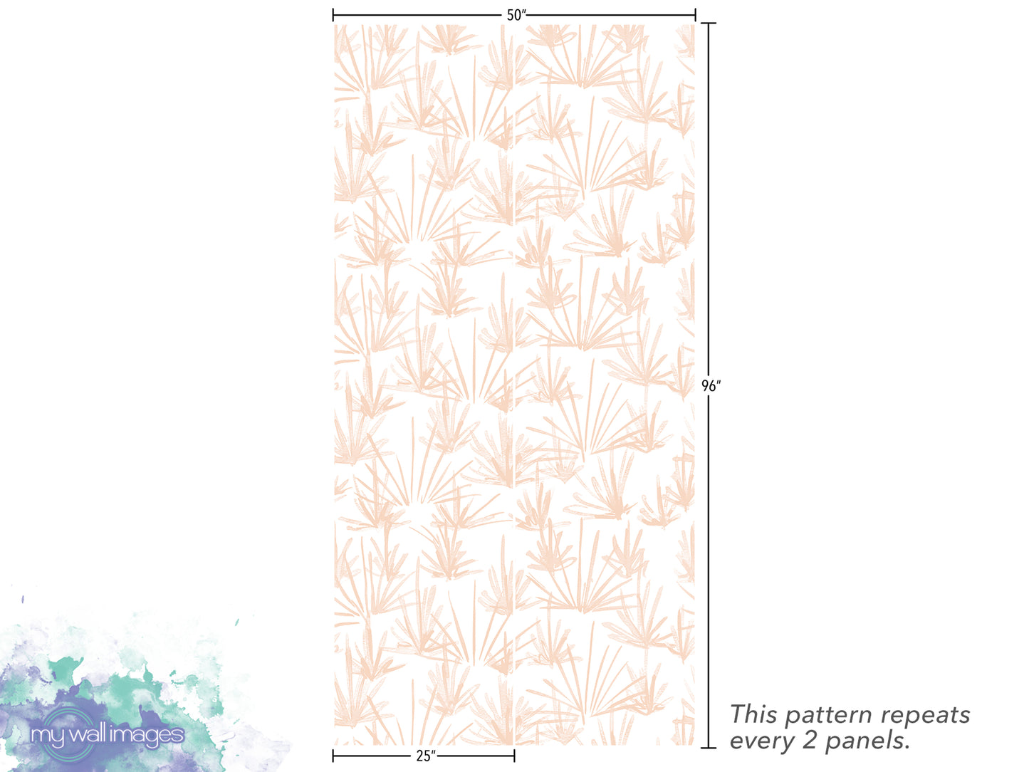 a repeating pattern of palm leaves or similar plant-like shapes on a white background. The pattern repeats every 2 panels, and the image is described as a "collage of multiple images" and "25' x 50'".