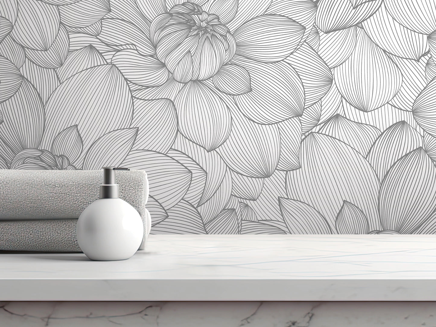 a white soap dispenser on a white marble countertop, with a gray towel and a white bottle of lotion placed next to it. The background is a wall with a black and white floral pattern.