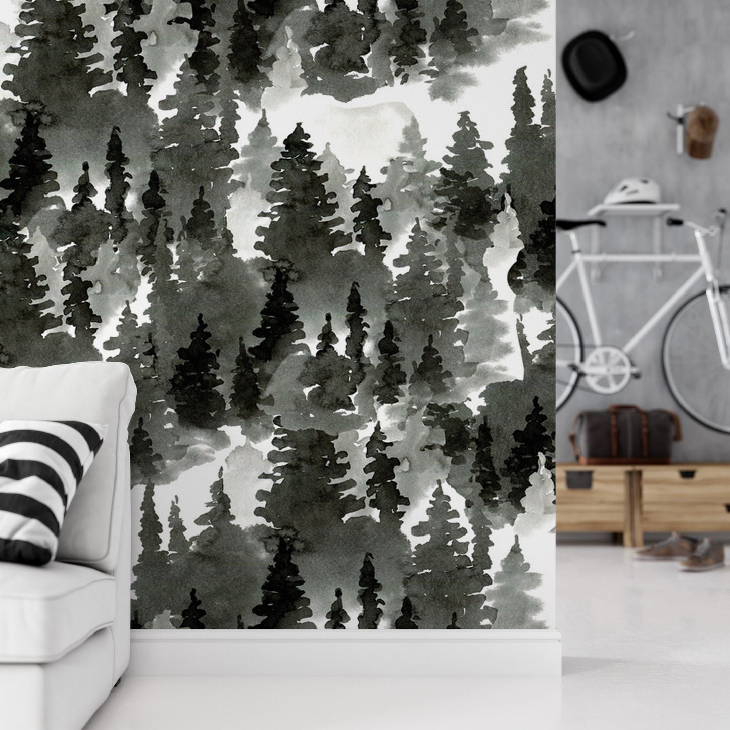 Black and White Forest Mural | Watercolor Trees Peel and Stick Wallpaper (MW1796)
