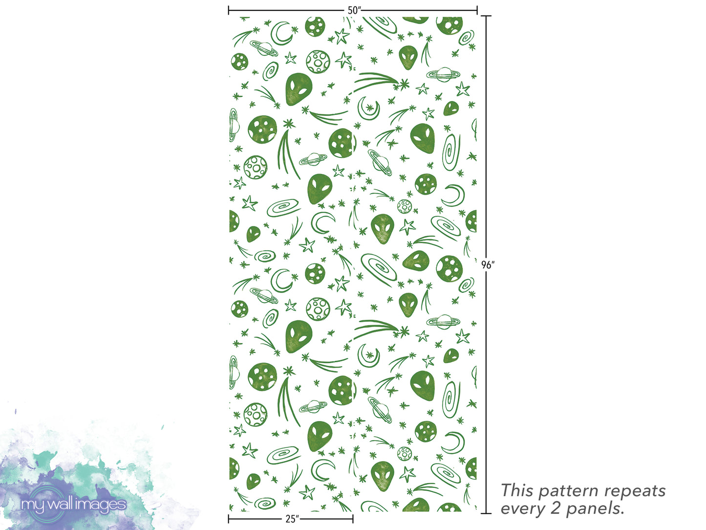 The image is a repeating pattern of green alien and space-themed illustrations, with each panel repeating the pattern twice.