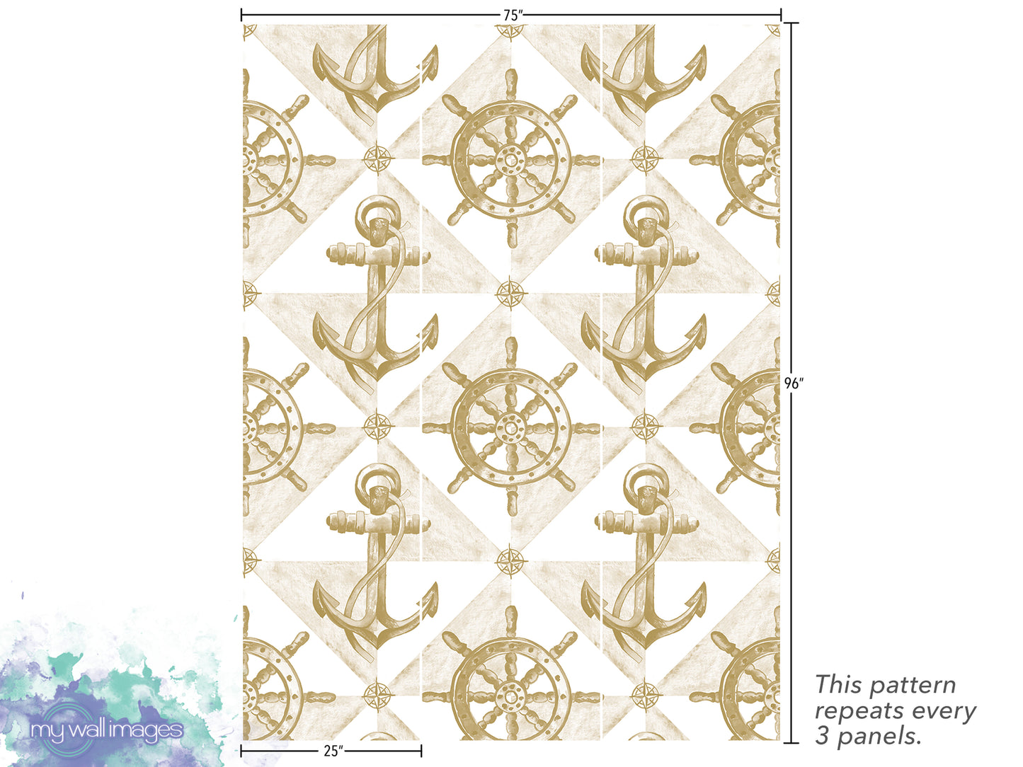 The image is a repeating pattern of gold anchors and ship's wheels on a white background.