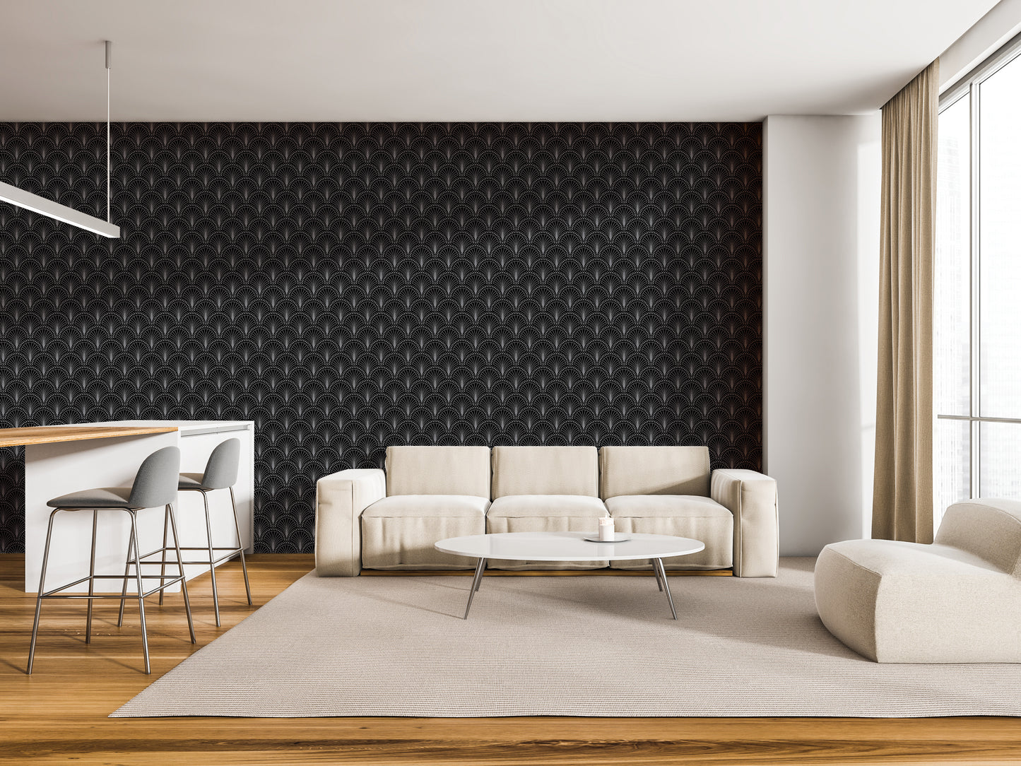 a modern living room with a black and white color scheme. The room features a white sofa, a round coffee table, and a bar with stools. The walls are covered in a black and white patterned wallpaper, and the floor is made of wood.