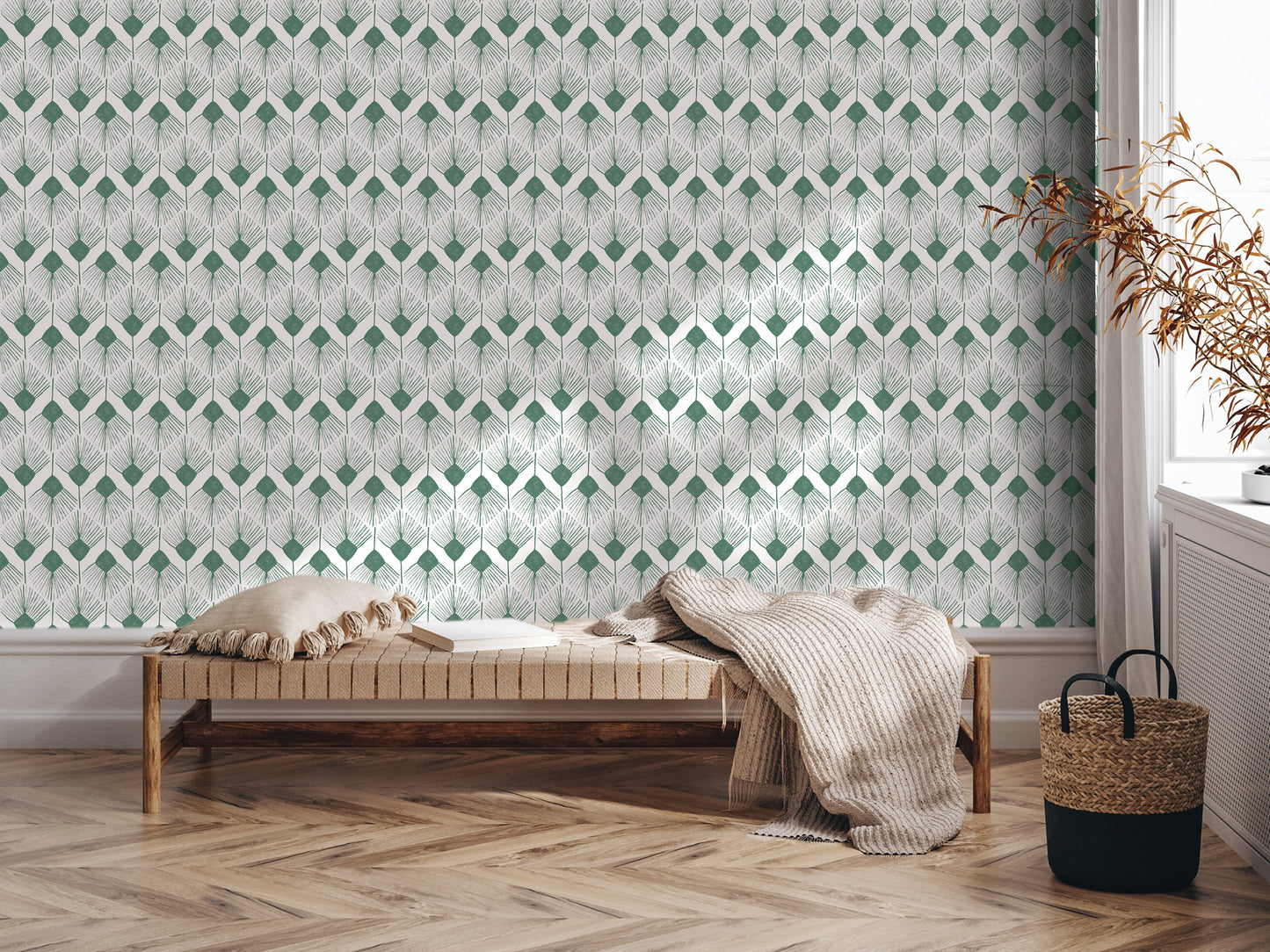 a modern and minimalist interior design with a wooden bench, a woven basket, and a patterned wallpaper.