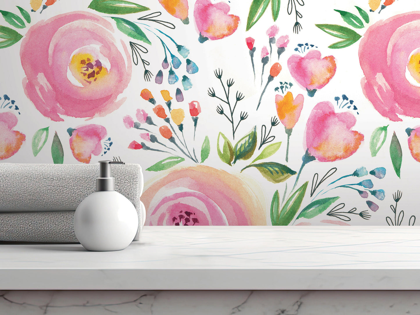 a white marble countertop with a white soap dispenser on it. Behind the countertop, there is a wall with a vibrant floral pattern painted on it, including pink, orange, and green flowers and leaves.