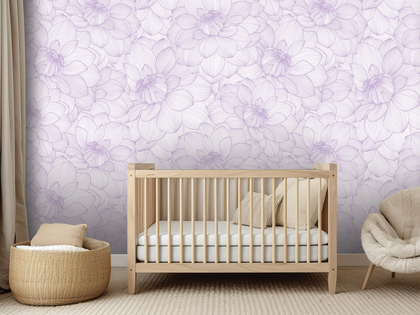 a nursery room with a wooden crib, a woven basket, and a plush chair. The walls are adorned with a floral pattern in shades of purple, creating a serene and calming atmosphere.