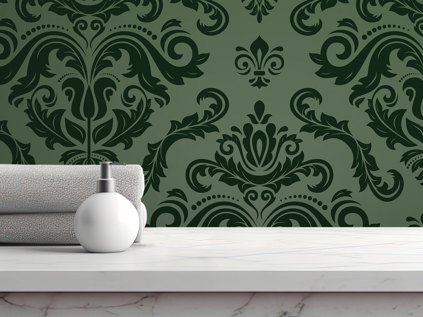 a white bottle of soap on a white marble countertop, with a rolled-up gray towel and a green and black damask wallpaper in the background.