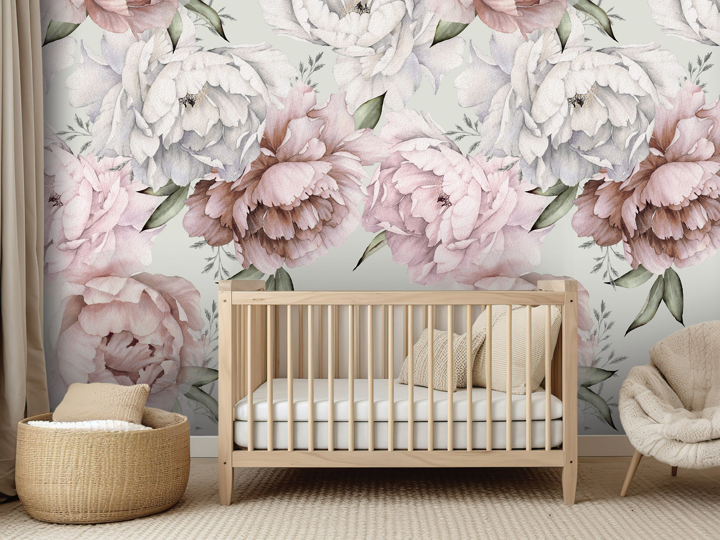 a nursery with a wooden crib, a woven basket, and a plush chair. The nursery has a large floral wallpaper with pink and white flowers, creating a serene and calming atmosphere.