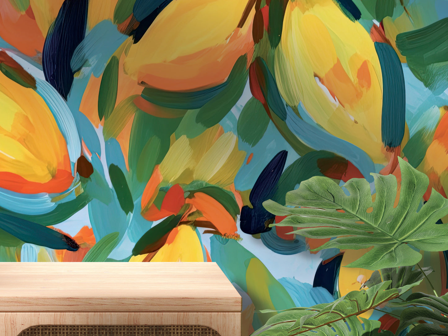 a vibrant, abstract painting with bold brushstrokes in various colors, including yellow, orange, green, blue, and red. The painting is displayed on a wall, with a wooden shelf or table in the foreground.