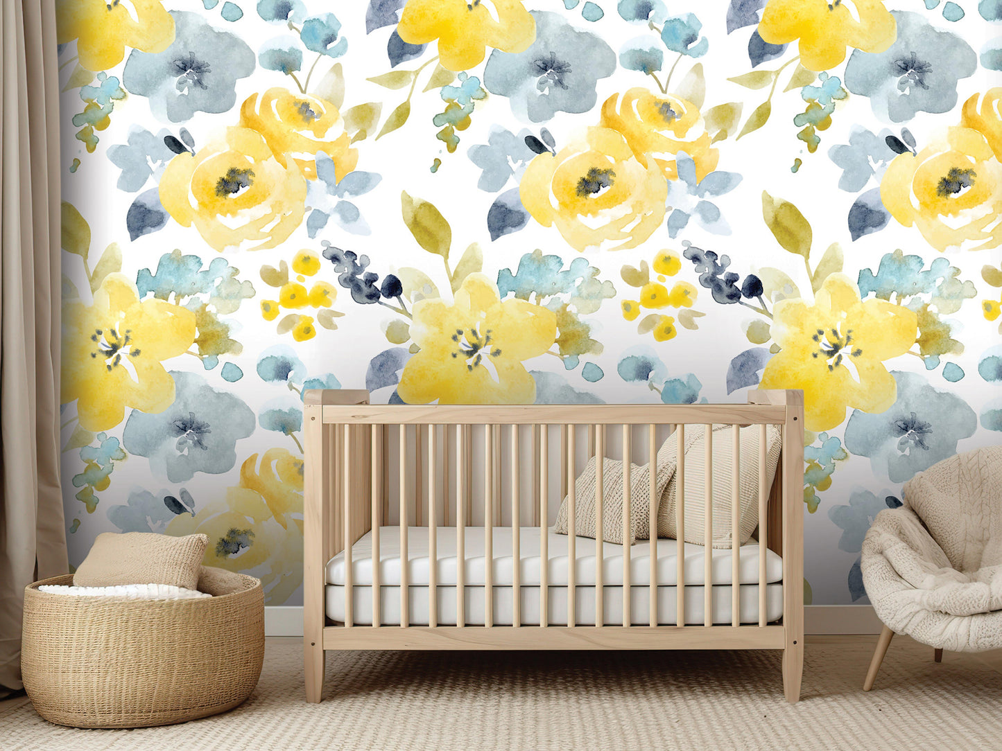 a nursery room with a wooden crib, a woven basket, and a beige chair. The walls are covered in a floral wallpaper with yellow and blue flowers.