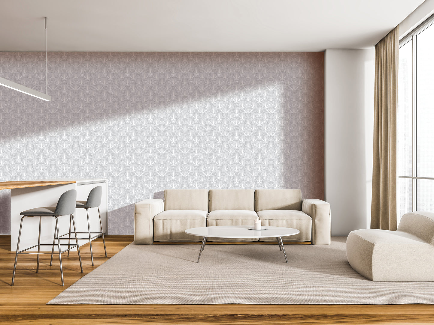 a modern living room with a white sofa, a round coffee table, and a barstool set up. The room has a neutral color scheme with a gray and white patterned wallpaper, and a large window with beige curtains allows natural light to fill the space.