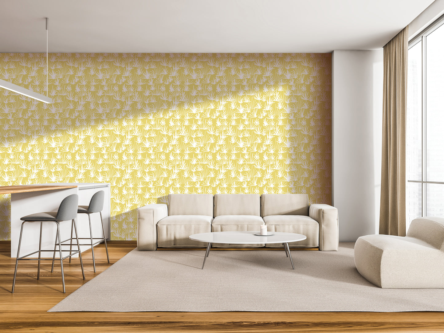 a modern living room with a yellow and white patterned wallpaper, a white sofa, a white coffee table, and a white chair.
