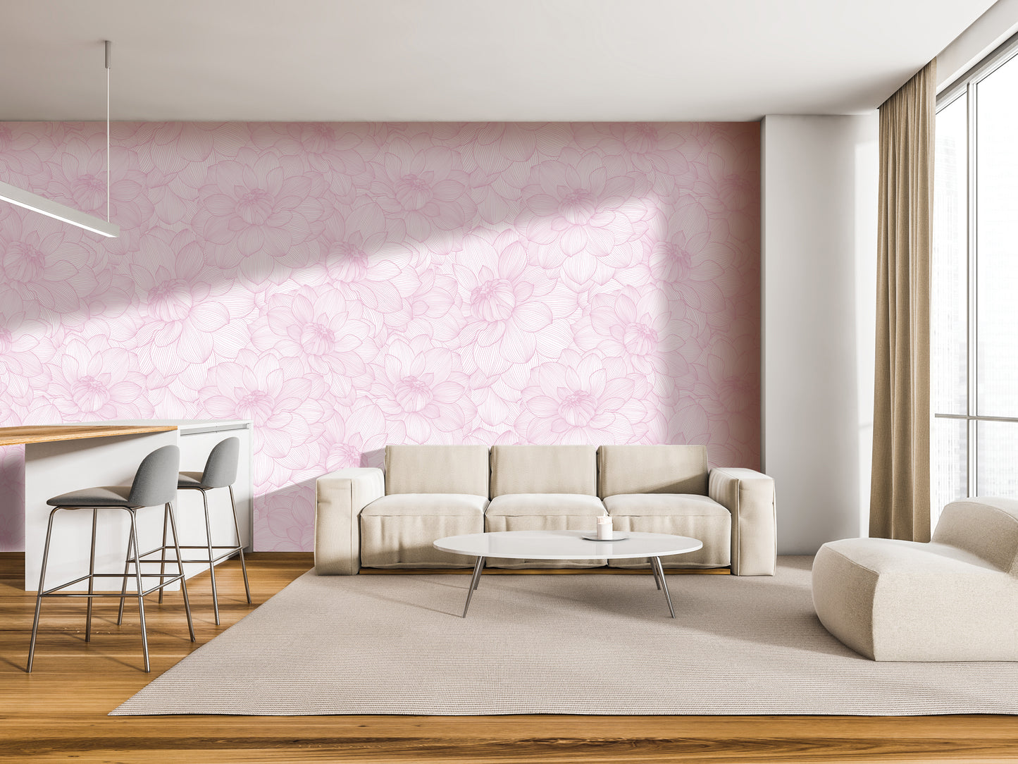a modern living room with a pink floral wallpaper, a white sofa, a round coffee table, and a wooden floor.