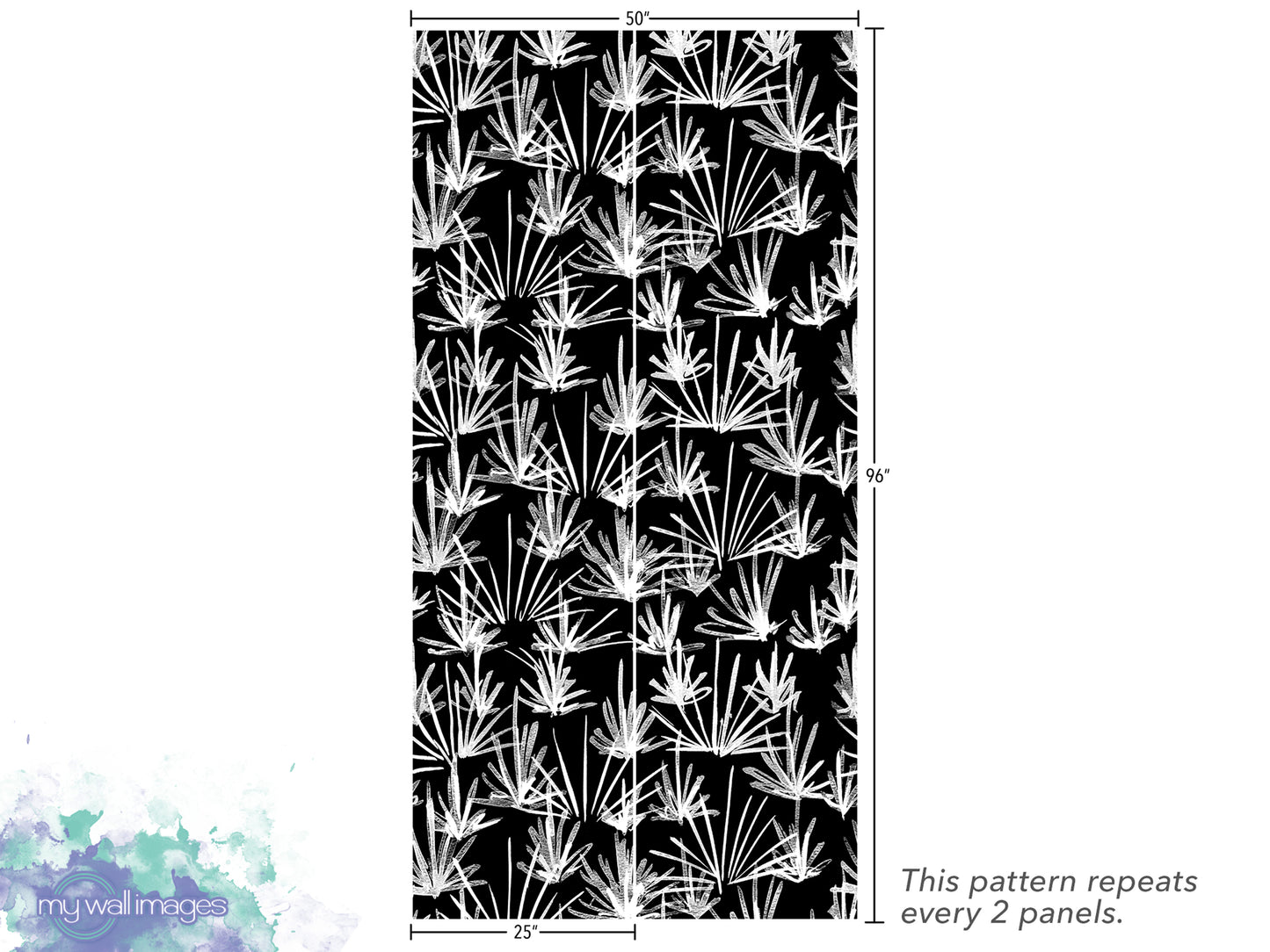 The image is a repeating pattern of black and white flowers or leaves, with each panel repeating the pattern. The pattern repeats every 2 panels.