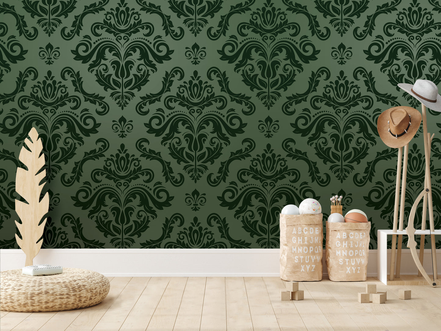 a room with a large, ornate green wallpaper pattern. In the room, there are two wooden stools, a wicker basket, and a wooden hat rack. The room also contains a wooden chair and a wooden table.