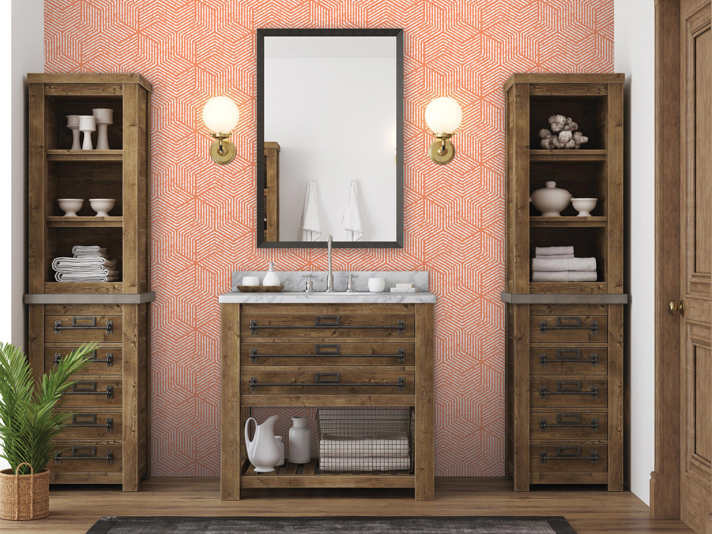 a modern bathroom with a wooden vanity, a mirror, and two wooden cabinets. The walls are covered in a geometric patterned wallpaper, and the room is illuminated by two wall sconces.